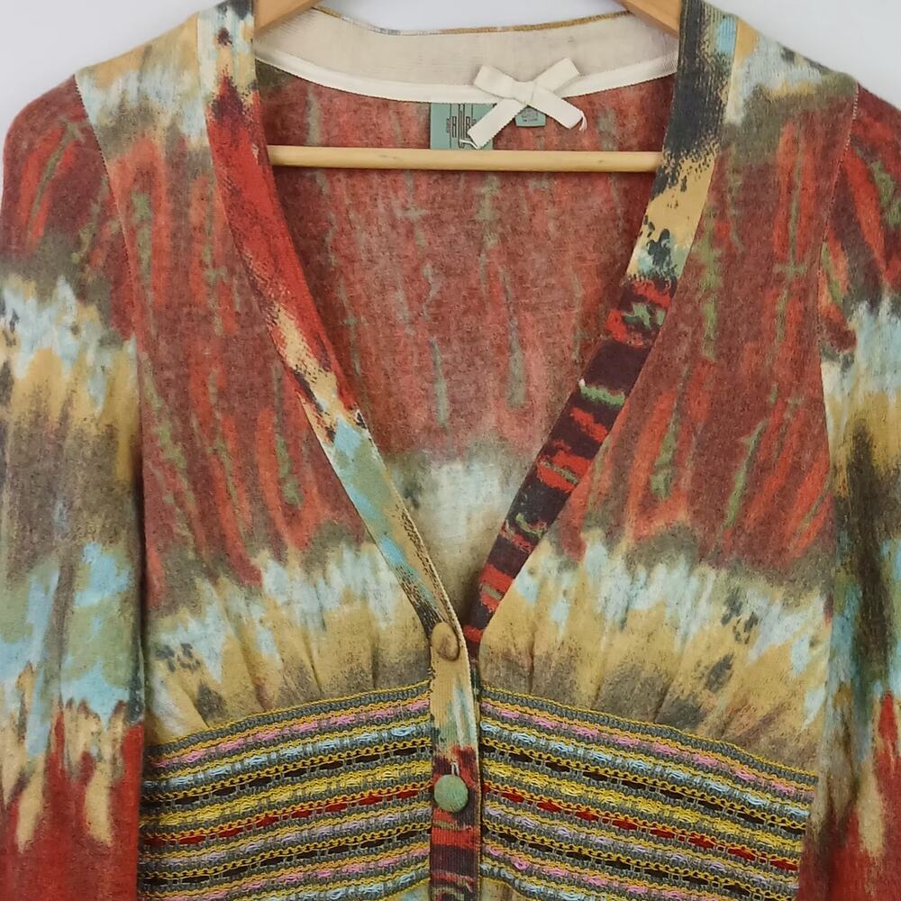 Anthropologie HWR SZ S 100% Wool Monogram Dip Dye Button Front Peplum Sweater - Picture 3 of 6